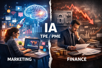 Illustration d'une fracture numérique ou d'un fossé entre deux mondes, symbolisant l'adoption inégale de l'IA dans les PME entre les fonctions marketing et financières.