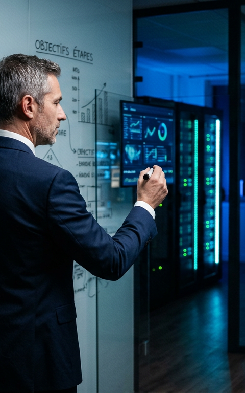 Une petite entreprise (PME) symbolisée par un engrenage, utilisant l'intelligence artificielle (IA) pour innover et rivaliser avec de plus grandes structures, représentées par des gratte-ciel en arrière-plan.
