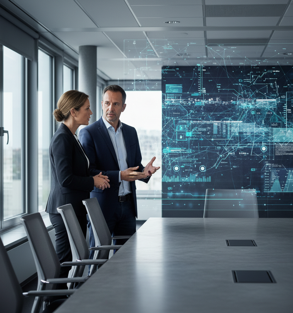 Un robot humanoïde et un ingénieur collaborent devant un tableau de bord affichant des modèles d'IA, symbolisant l'évolution vers l'IA Product Engineering.
