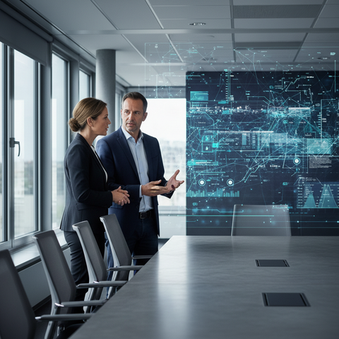 Un robot humanoïde et un ingénieur collaborent devant un tableau de bord affichant des modèles d'IA, symbolisant l'évolution vers l'IA Product Engineering.