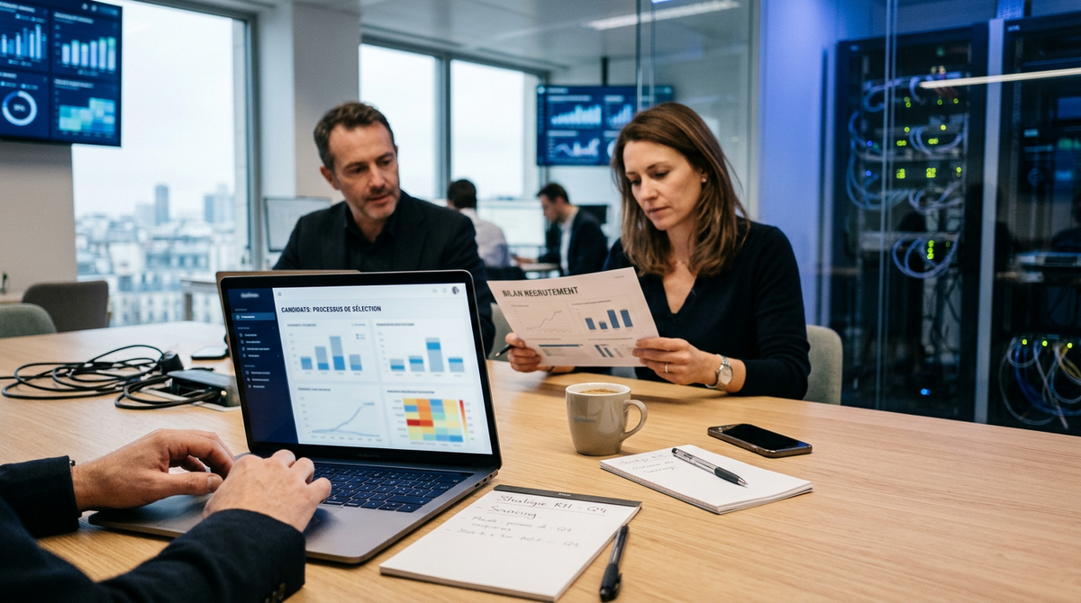 Illustration d'un robot recruteur et d'un humain collaborant, symbolisant l'IA recrutement éthique et les défis des PME.