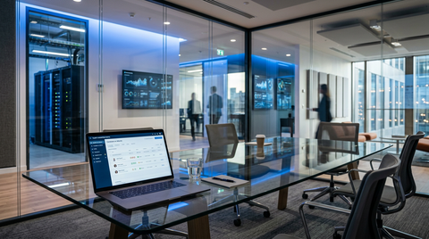 Illustration d'un robot ou d'une intelligence artificielle analysant des CV, avec un cadre réglementaire ou des documents juridiques en arrière-plan, symbolisant l'impact de l'IA recrutement réglementation sur les processus RH des PME.