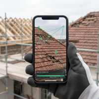 Un artisan du bâtiment utilisant un smartphone pour un diagnostic de façade assisté par IA, mettant en évidence les pathologies.