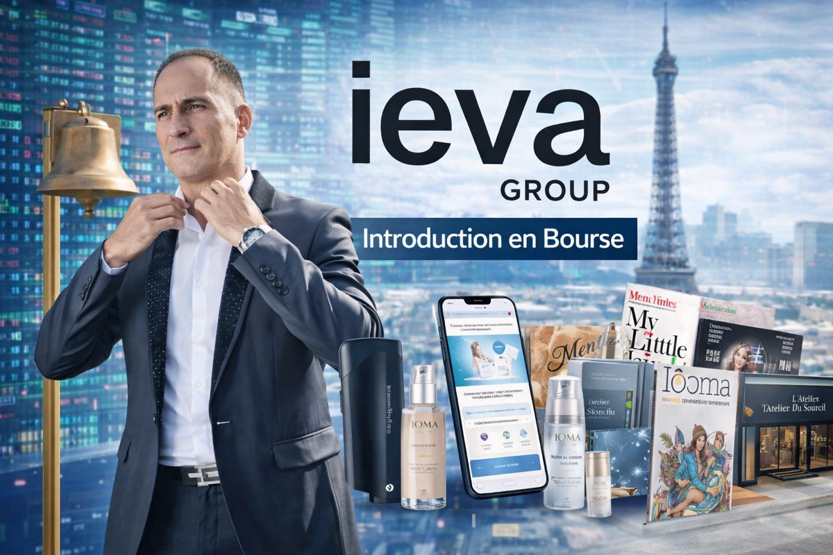 Jean-Michel Karam en costume sur un toit parisien devant la tour Eiffel, entouré d’éléments visuels liés à IEVA Group, à l’introduction en Bourse, à la beauty tech et à l’écosystème média du groupe