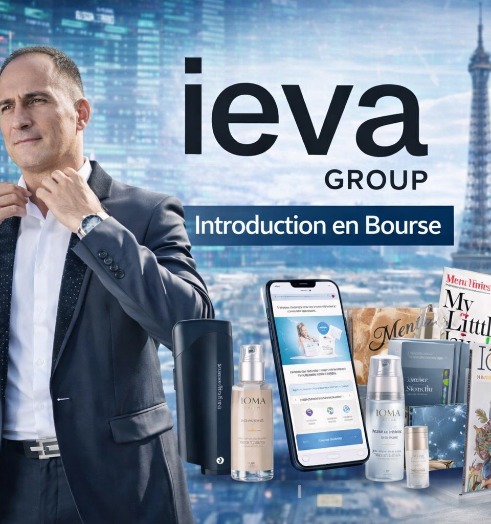 Jean-Michel Karam en costume sur un toit parisien devant la tour Eiffel, entouré d’éléments visuels liés à IEVA Group, à l’introduction en Bourse, à la beauty tech et à l’écosystème média du groupe