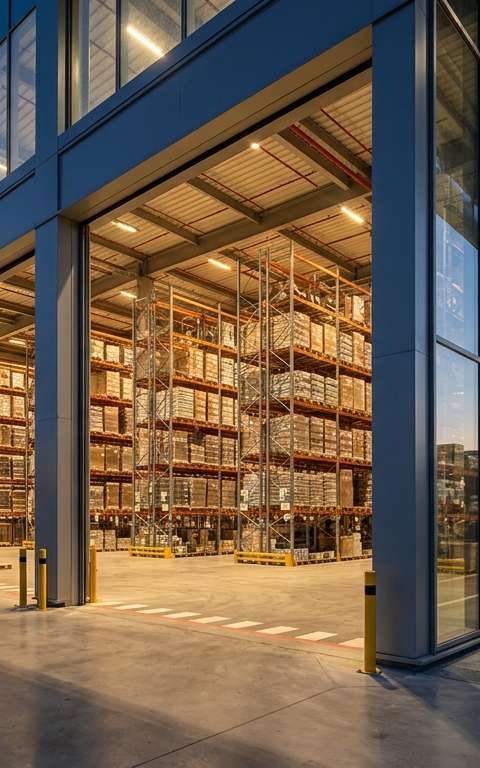 Vue aérienne d'un entrepôt logistique moderne avec des camions, symbolisant le dynamisme de l'immobilier logistique PME.