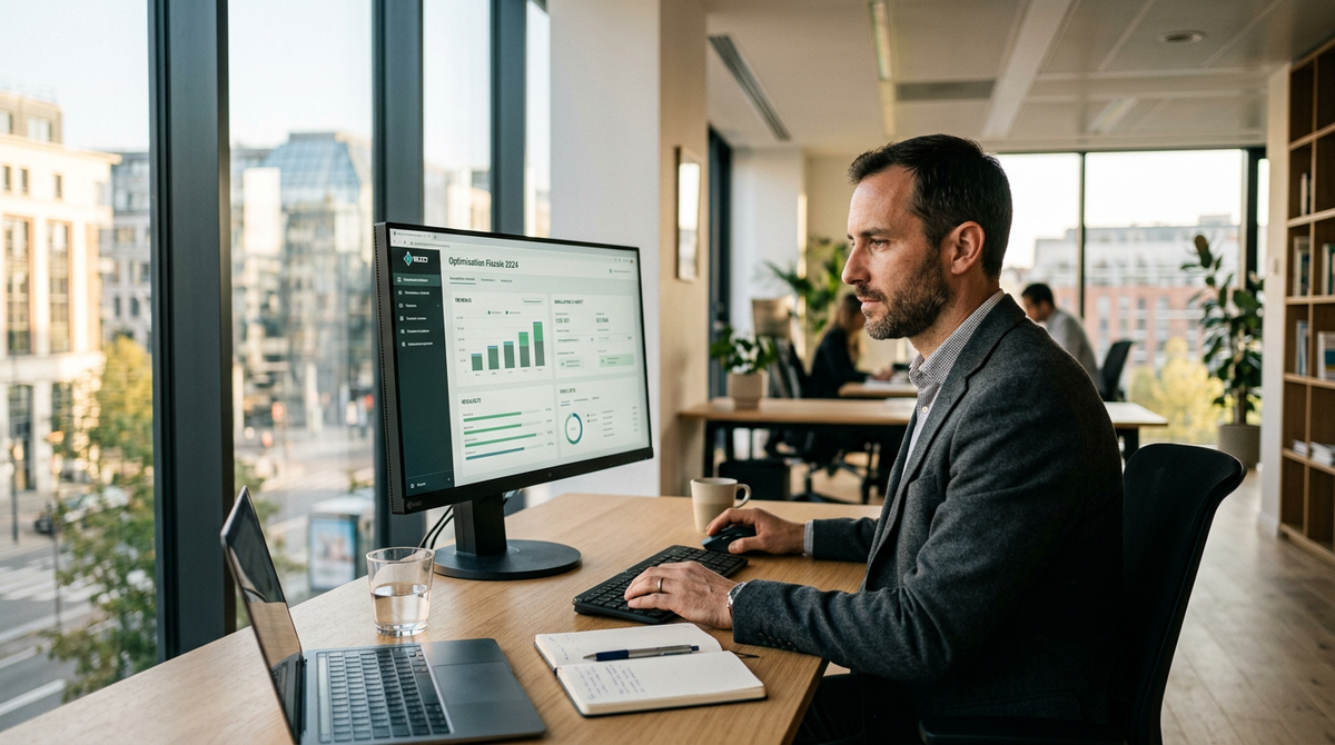 Illustration d'un micro-entrepreneur souriant devant un écran d'ordinateur affichant un impôt micro-entreprise simulateur simplifié, avec le logo DGFiP en arrière-plan, symbolisant la simplification fiscale de 2027.