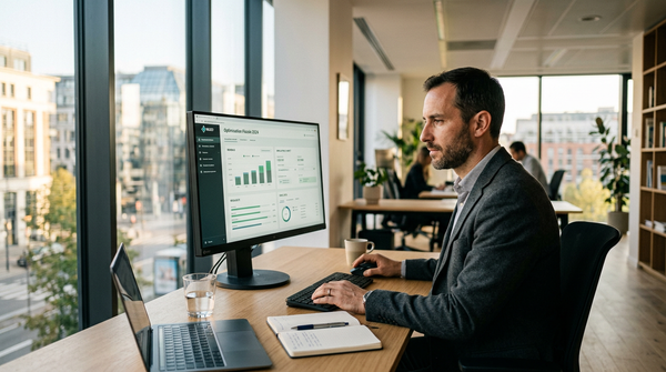 Illustration d'un micro-entrepreneur souriant devant un écran d'ordinateur affichant un impôt micro-entreprise simulateur simplifié, avec le logo DGFiP en arrière-plan, symbolisant la simplification fiscale de 2027.