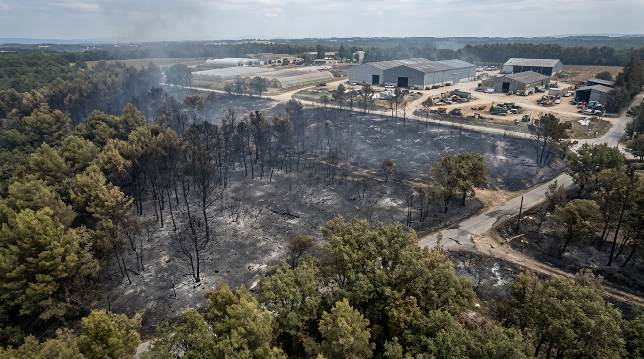 Vue aérienne de forêts brûlées en Gironde illustrant la demande d'incendies aide exceptionnel pour les PME.