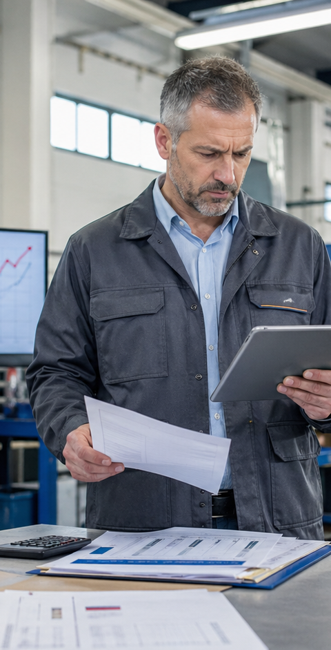 Scène réaliste dans un atelier industriel français où un responsable de PME analyse des documents de coûts et de production sur une tablette, entouré de pièces manufacturées, de cartons marqués aux couleurs de la France et d’un graphique de hausse en arrière-plan, illustrant la pression croissante sur le coût du Made in France.