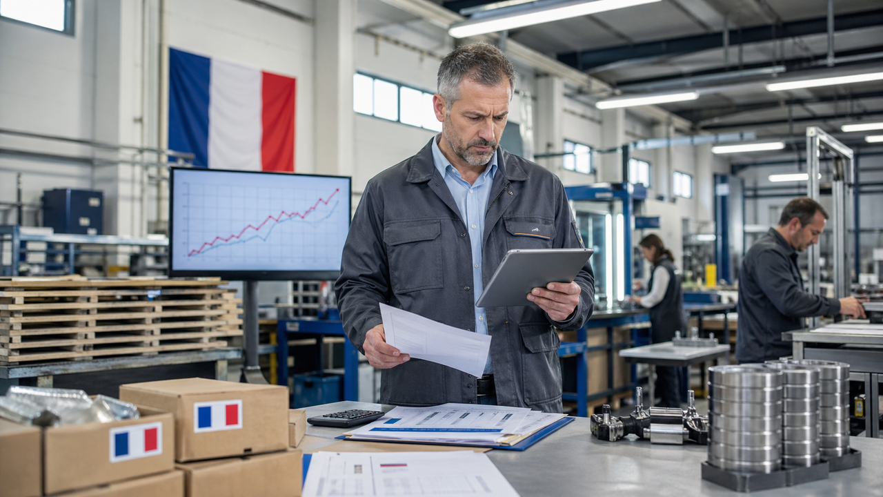 Vue d’ensemble d’un atelier de PME française moderne et lumineux, avec opérateurs au travail sur des machines industrielles de précision. Ambiance professionnelle et industrielle premium, lumière naturelle traversant les grandes baies vitrées, palette dominée par le bleu marine, le blanc et des accents orange. Des graphiques économiques transparents apparaissent discrètement en surimpression dans un style éditorial presse économique, avec un arrière-plan légèrement flou renforçant la profondeur et l’atmosphère analytique.