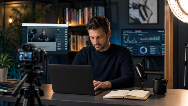 Infopreneur travaillant sur un ordinateur dans un studio de création équipé d’une caméra, d’un microphone et d’écrans affichant une formation en ligne et des données de performance.