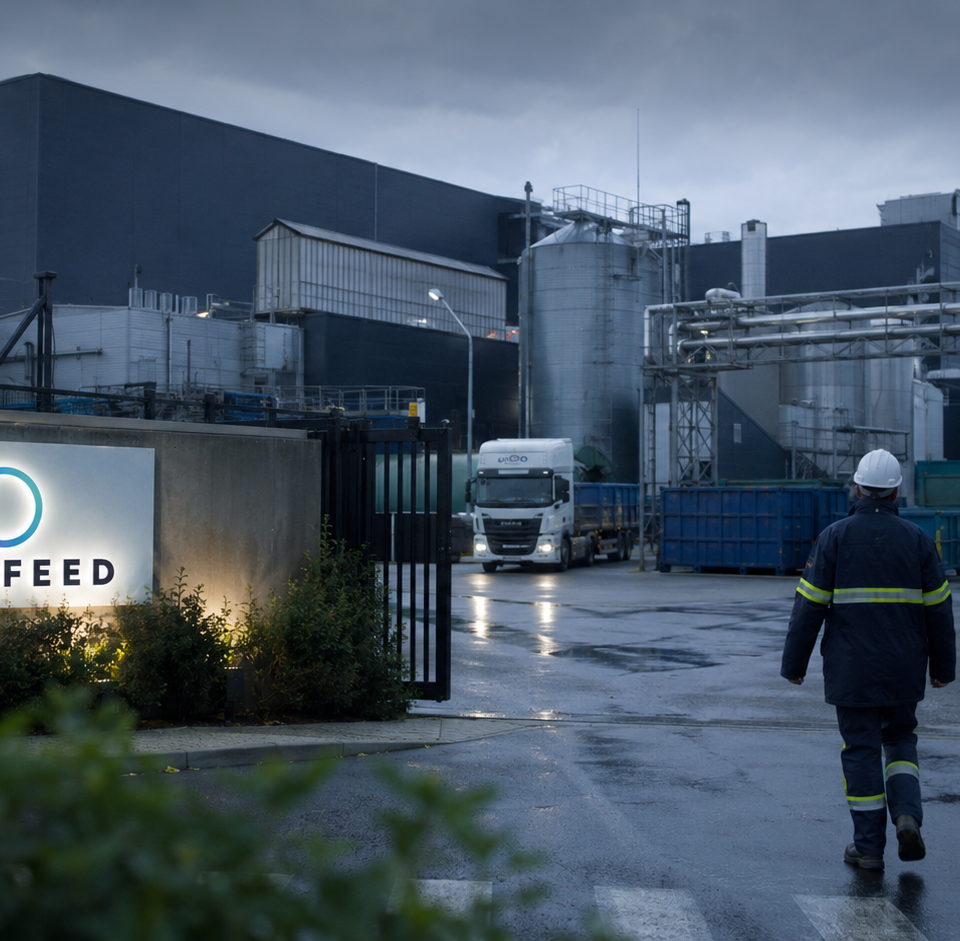 Illustration d'une usine Innovafeed avec des chiffres clés (51 M€, 60 postes) et des insectes, symbolisant la levée de fonds et la restructuration de l'entreprise. Généré par Entreprisma.