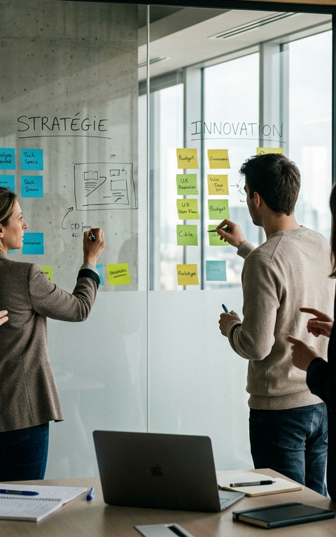 Illustration de deux mains, l'une représentant une grande entreprise et l'autre une startup, s'unissant pour symboliser la collaboration et l'innovation Manutan.