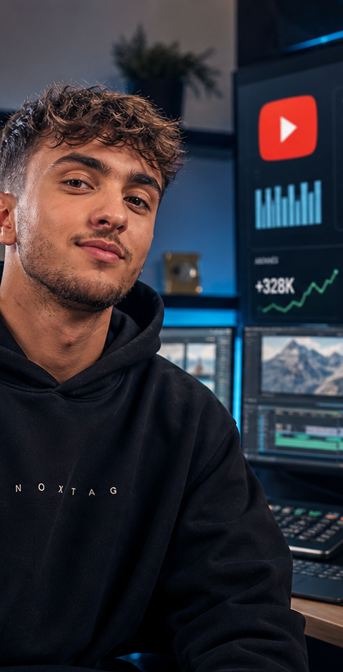 Inoxtag dans un studio de création vidéo, entouré de caméras, d’écrans d’analyse YouTube et de graphiques de revenus, pour illustrer la professionnalisation de la création de contenu et le poids économique des plateformes vidéo.