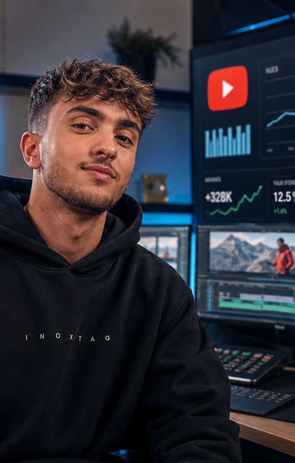 Inoxtag dans un studio de création vidéo, entouré de caméras, d’écrans d’analyse YouTube et de graphiques de revenus, pour illustrer la professionnalisation de la création de contenu et le poids économique des plateformes vidéo.
