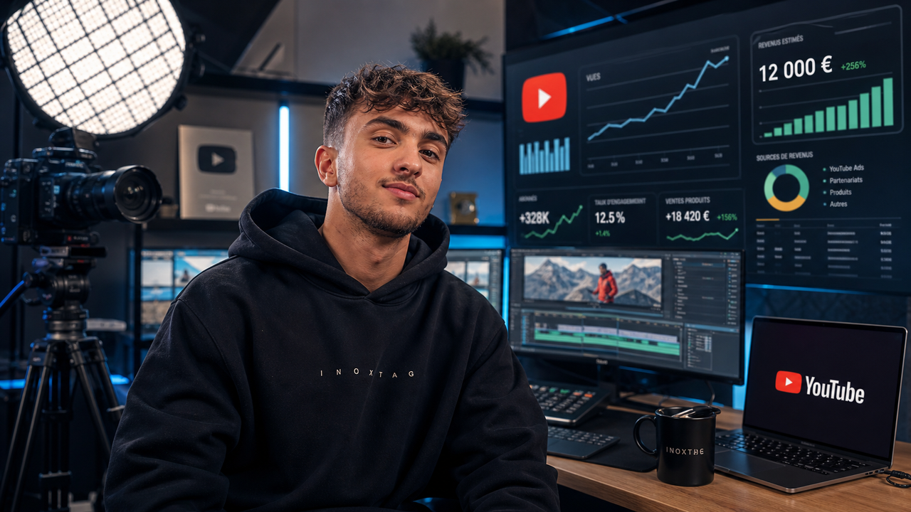 Inoxtag dans un studio de création vidéo, entouré de caméras, d’écrans d’analyse YouTube et de graphiques de revenus, pour illustrer la professionnalisation de la création de contenu et le poids économique des plateformes vidéo.