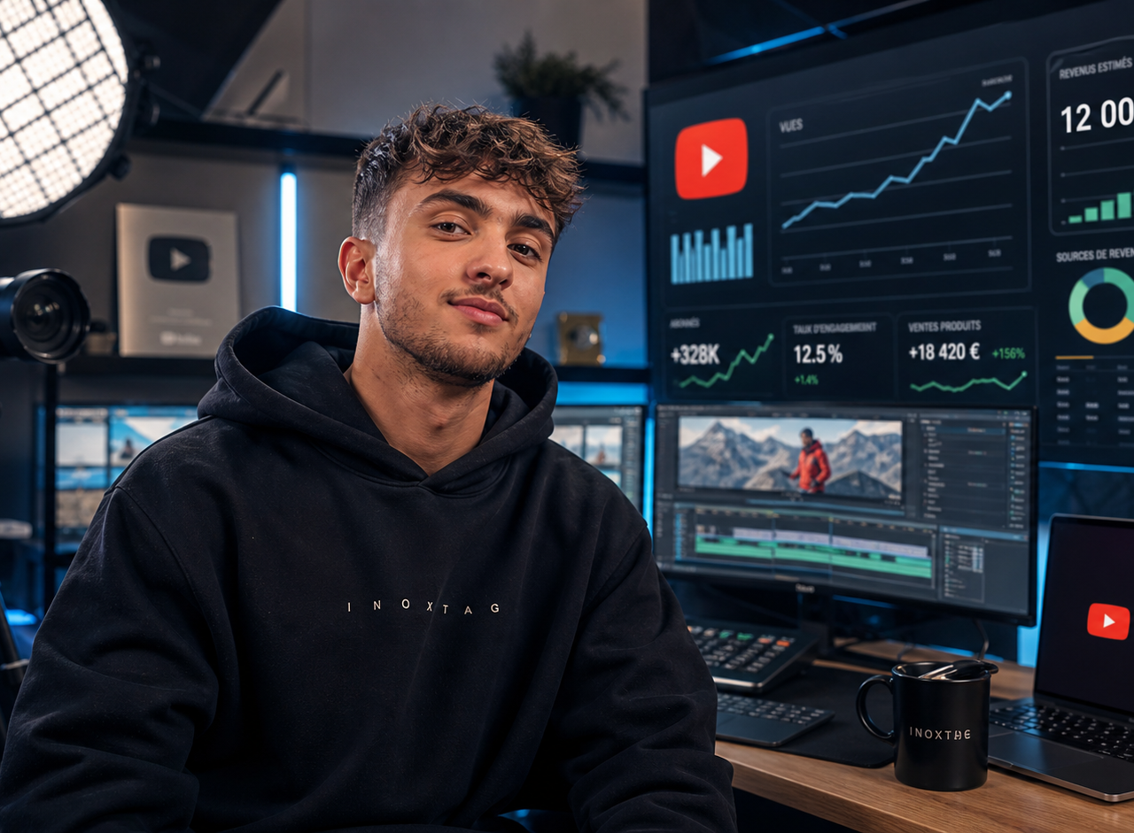 Inoxtag dans un studio de création vidéo, entouré de caméras, d’écrans d’analyse YouTube et de graphiques de revenus, pour illustrer la professionnalisation de la création de contenu et le poids économique des plateformes vidéo.