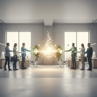 Deux mains se serrant fermement, symbolisant la fusion et l'intégration post-acquisition PME 100 jours, avec un fond flou de bureaux modernes.