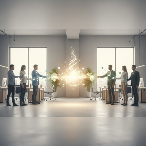 Deux mains se serrant fermement, symbolisant la fusion et l'intégration post-acquisition PME 100 jours, avec un fond flou de bureaux modernes.