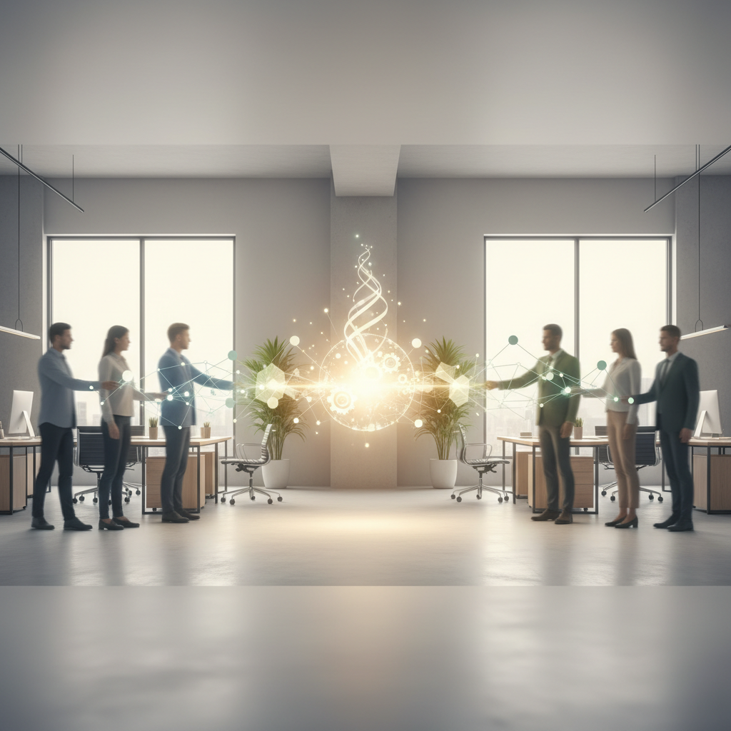 Deux mains se serrant fermement, symbolisant la fusion et l'intégration post-acquisition PME 100 jours, avec un fond flou de bureaux modernes.