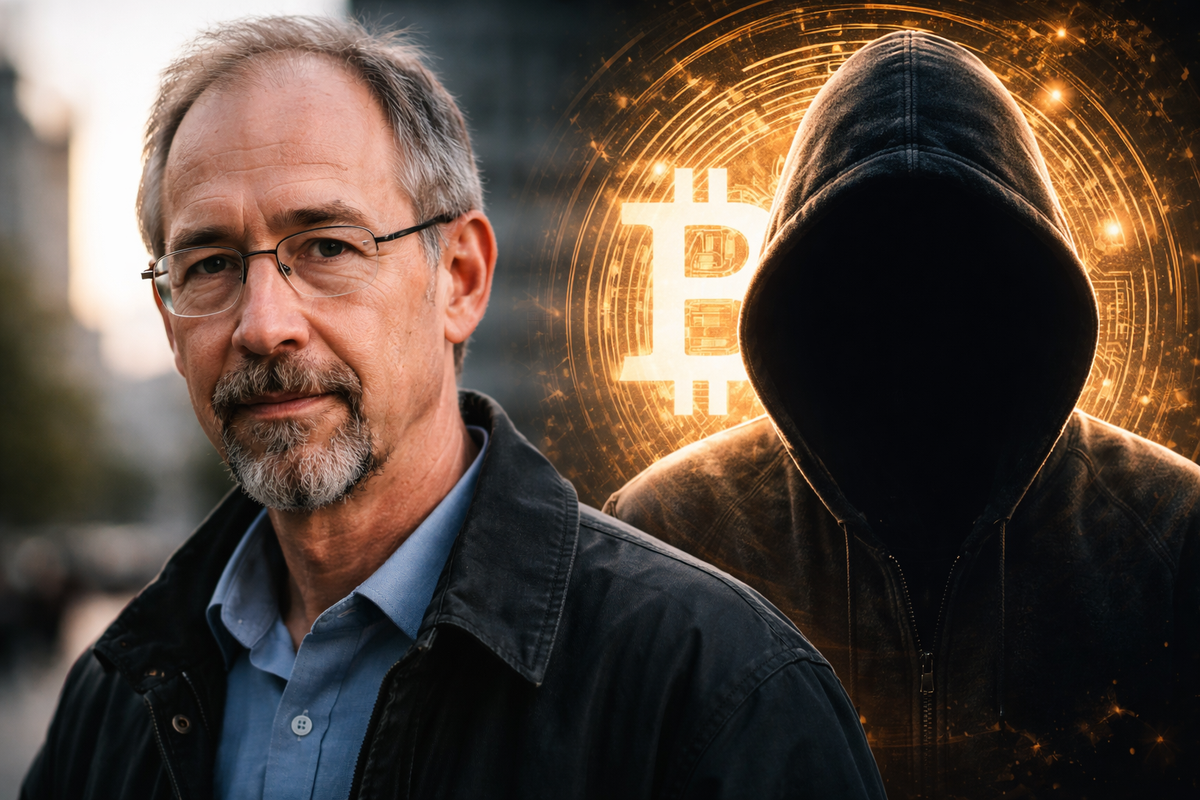 Portrait d’Adam Back au premier plan avec une silhouette anonyme représentant Satoshi Nakamoto en arrière-plan, devant un symbole Bitcoin lumineux illustrant l’enquête sur l’identité du créateur du Bitcoin.