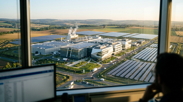 Illustration 3D d'un datacenter européen pour l'investissement méga-usines IA.