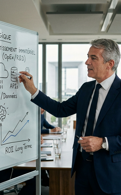 Graphique illustrant la croissance modérée de l'Investissement PME 2026, avec des flèches indiquant un arbitrage stratégique vers des actifs intangibles.