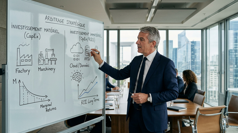 Graphique illustrant la croissance modérée de l'Investissement PME 2026, avec des flèches indiquant un arbitrage stratégique vers des actifs intangibles.