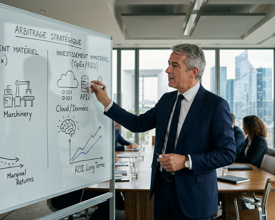 Graphique illustrant la croissance modérée de l'Investissement PME 2026, avec des flèches indiquant un arbitrage stratégique vers des actifs intangibles.