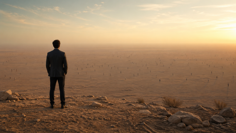 Entrepreneur debout au bord d’un relief aride, observant un horizon immense où se dispersent de nombreuses silhouettes humaines à peine visibles, métaphore visuelle d’un marché difficile à capter et d’une clientèle devenue lointaine.