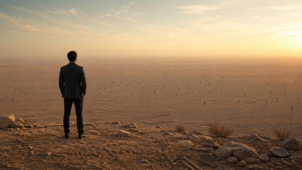 Entrepreneur debout au bord d’un relief aride, observant un horizon immense où se dispersent de nombreuses silhouettes humaines à peine visibles, métaphore visuelle d’un marché difficile à capter et d’une clientèle devenue lointaine.