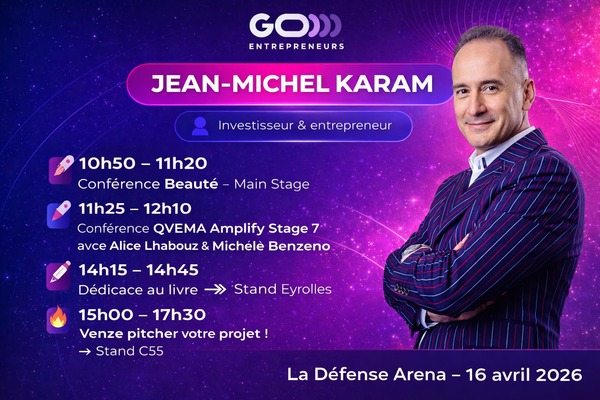 Portrait promotionnel de Jean-Michel Karam intégré à une affiche événementielle en format paysage pour GO Entrepreneurs, avec programme de conférences, séance de dédicace et session de pitch prévue à La Défense Arena le 16 avril 2026, sur fond graphique violet et rose à l’esthétique premium.