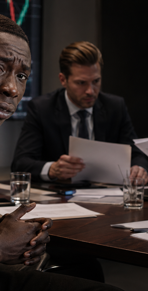 Khaby Lame, visiblement déçu et préoccupé, assis dans une salle de réunion face à plusieurs hommes d’affaires manipulant des documents financiers, dans une scène réaliste illustrant les dérives de certains montages contractuels opaques.