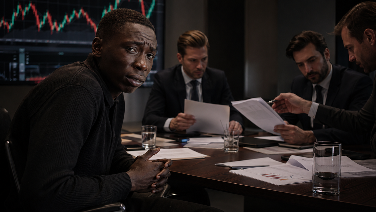 Khaby Lame, visiblement déçu et préoccupé, assis dans une salle de réunion face à plusieurs hommes d’affaires manipulant des documents financiers, dans une scène réaliste illustrant les dérives de certains montages contractuels opaques.