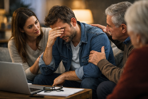 Un homme assis qui se tient la tête entouré de ses proches, devant son ordinateur, avec comme message centrale, le soutien des entrepreneur par ses prochesest promordial.