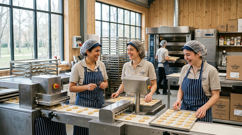 Illustration de l'équipe de La Fabrique du Sud, souriante et unie, devant leur biscuiterie modernisée, symbolisant la réussite d'une Scop.