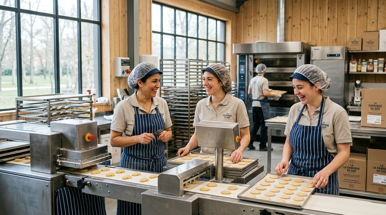 Illustration de l'équipe de La Fabrique du Sud, souriante et unie, devant leur biscuiterie modernisée, symbolisant la réussite d'une Scop.