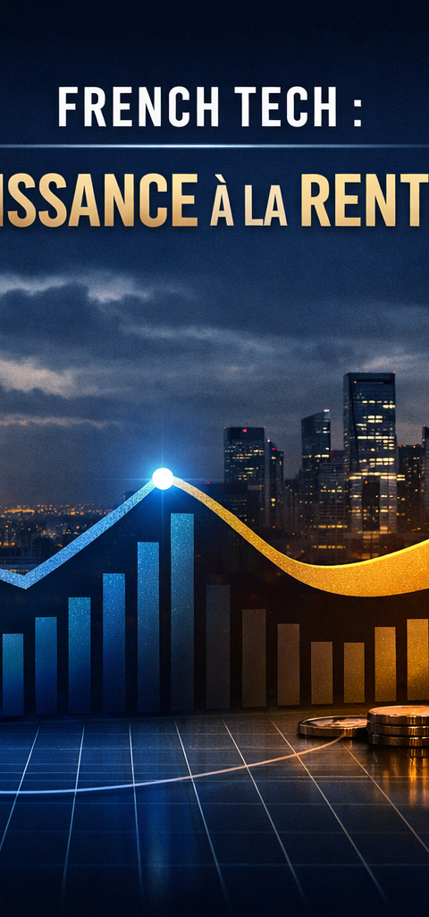 Image avec une courbe bleu et doré ascendant avec une inscription «&nbsp;French tech 2026- de la croissance à la rentabilité&nbsp;»