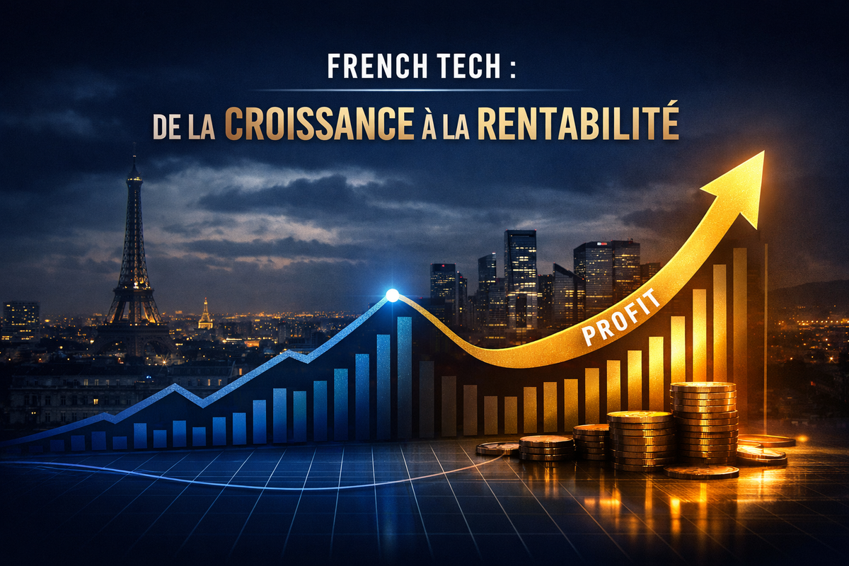 Image avec une courbe bleu et doré ascendant avec une inscription «&nbsp;French tech 2026- de la croissance à la rentabilité&nbsp;»