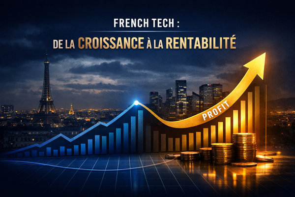 Image avec une courbe bleu et doré ascendant avec une inscription «&nbsp;French tech 2026- de la croissance à la rentabilité&nbsp;»