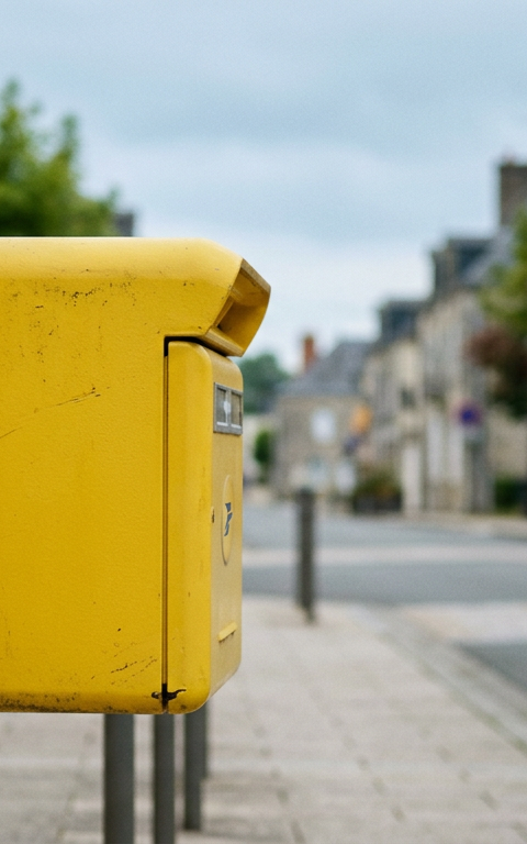 Vue aérienne d'un centre de tri de La Poste en Sarthe, avec des camions et des employés, symbolisant la logistique et la restructuration du service postal.