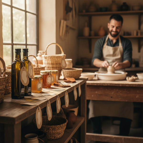 Des produits artisanaux labellisés du terroir français, mis en scène pour illustrer l'impact des labels régionaux sur les ventes.