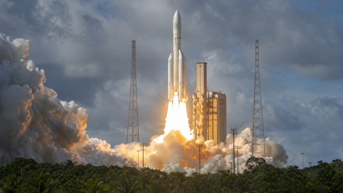 Décollage d’Ariane 64 depuis le Centre spatial guyanais, avec ses quatre propulseurs d’appoint en action, illustrant la montée en puissance de l’Europe dans le secteur spatial.