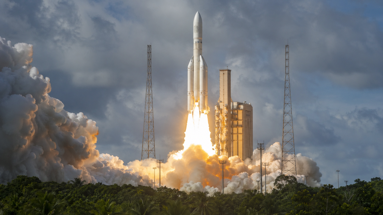Décollage d’Ariane 64 depuis le Centre spatial guyanais, avec ses quatre propulseurs d’appoint en action, illustrant la montée en puissance de l’Europe dans le secteur spatial.