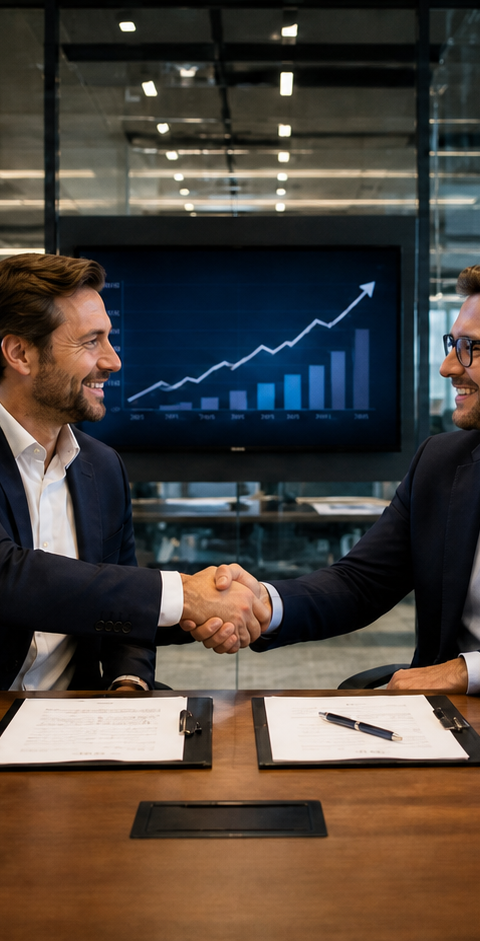 Deux dirigeants se serrent la main dans une salle de réunion moderne, entourés des logos Legalstart et LegalPlace, pour illustrer le rachat de Legalstart par LegalPlace et la consolidation du marché français de la legaltech.