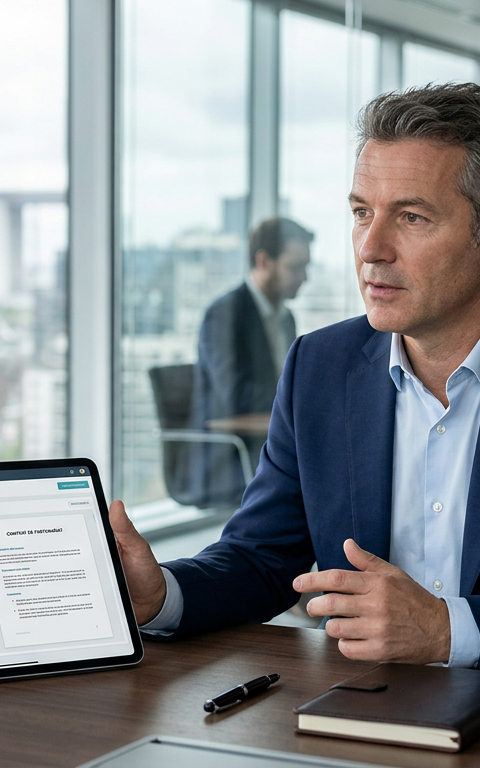 Illustration d'une main tenant une tablette affichant des icônes juridiques, symbolisant la digitalisation et l'efficacité de la Legaltech pour les PME.