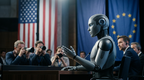 Robot humanoïde devant le drapeau américain : Les États-Unis interdisent l'importation étrangère.