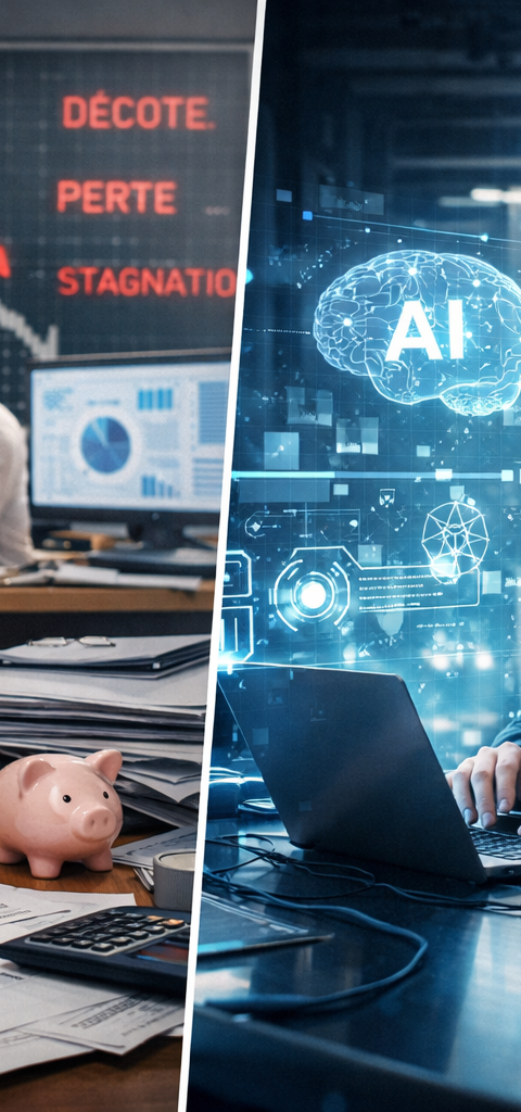 Illustration éditoriale en format paysage montrant la pression sur les licornes françaises face à l’essor de l’intelligence artificielle : à gauche, une dirigeante en difficulté dans un bureau avec graphiques de décote et baisse de valorisation ; à droite, un professionnel travaille avec des outils IA et d’automatisation dans un environnement technologique moderne.