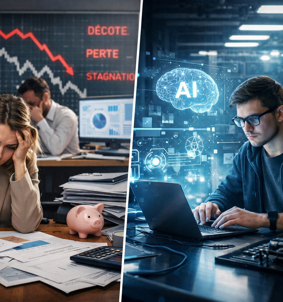 Illustration éditoriale en format paysage montrant la pression sur les licornes françaises face à l’essor de l’intelligence artificielle : à gauche, une dirigeante en difficulté dans un bureau avec graphiques de décote et baisse de valorisation ; à droite, un professionnel travaille avec des outils IA et d’automatisation dans un environnement technologique moderne.